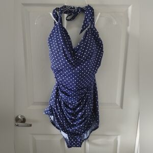 Ruby Ribbon Navy and White Polka Dot Swimsuit Size 22